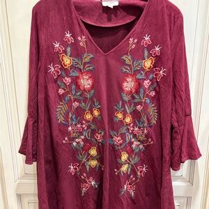 Umgee Burgundy Floral Embroidered V-Neck Tunic